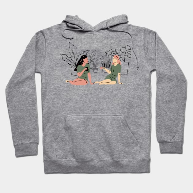 Childhood Best Friends Having Coffee Next to Plants Hoodie by A.P.